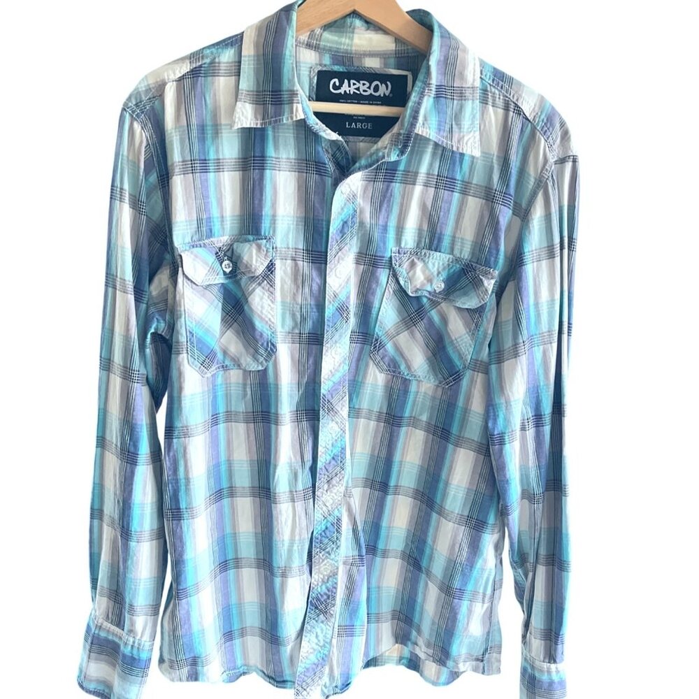 Carbon Vintage Plaid Dress Shirt Long Sleeve Button up Mens Size L Cotton - Picture 6 of 7